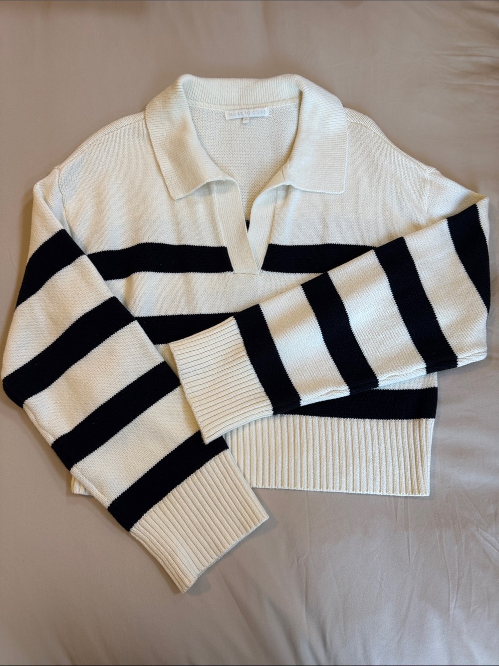 Tatia Sweater - Striped V-Neck Polo Sweater in White & Black